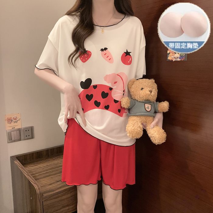 Comercio exterior transfronterizo al por mayor con almohadilla para el pecho hilo de seda de hielo pijamas de cuello redondo mujeres verano casual pantalones cortos de manga corta ropa de casa de dibujos animados
