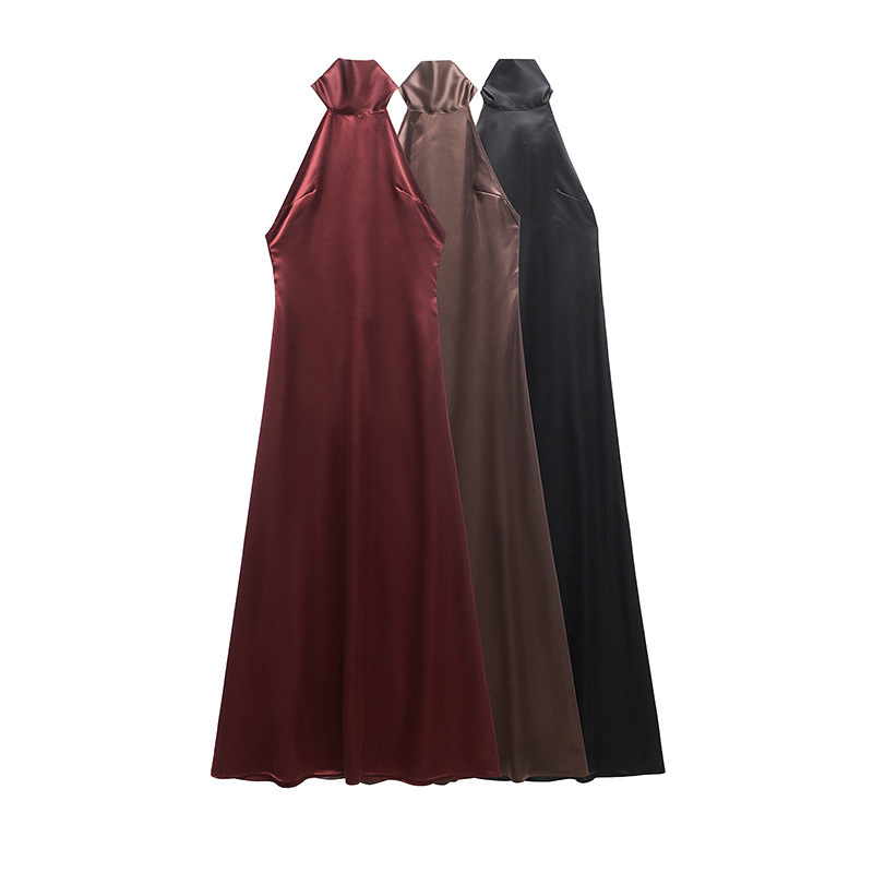 Spring and summer satin stand collar shoulder cutting solid color satin dress women's European and American cross-border style new slim fit A- line dress