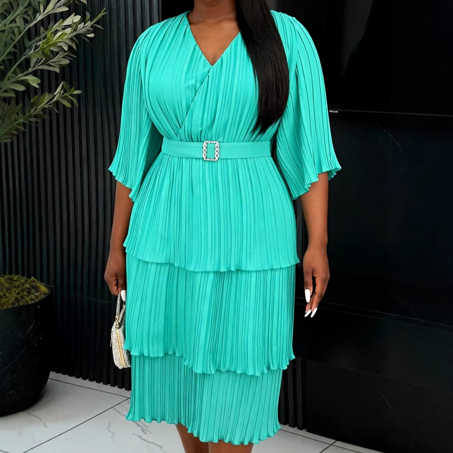 Mint Green V-Neck Belted Dress With Mid-Length Sleeves American Style Casual Elegant Slimming Pleated Cake Dress For Commuting_ecoleips.com