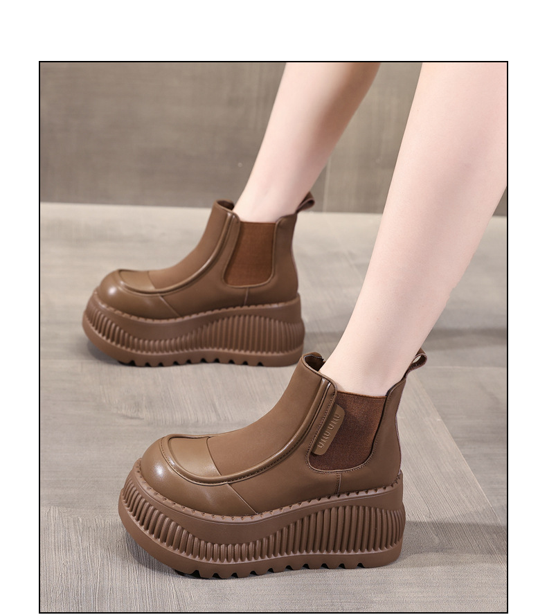 Boot Chelsea cổ thun đế dày tăng chiều cao nữ — Màu kaki lót nhung chi tiết 18