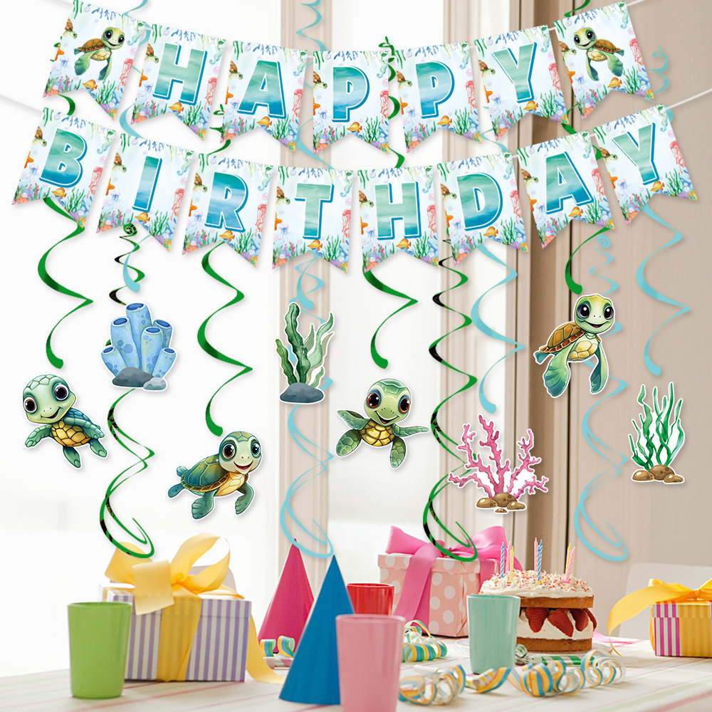 Transfronterizos nuevos tortugas tema de fiesta de cumpleaños conjunto de decoración de bandera espiral diseño de decoración de fiesta de cumpleaños