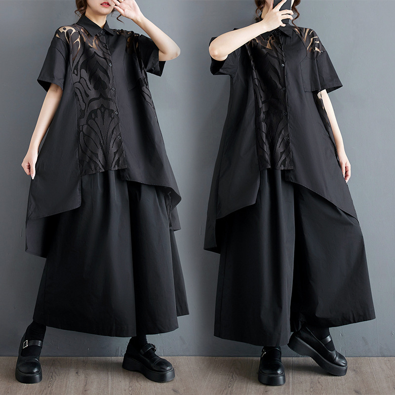 5075 New Summer Style Yamamoto Dark Style Asymmetrical Lace Splicing Large Version Shirt Loose Fashionable Casual Shirt Skirt