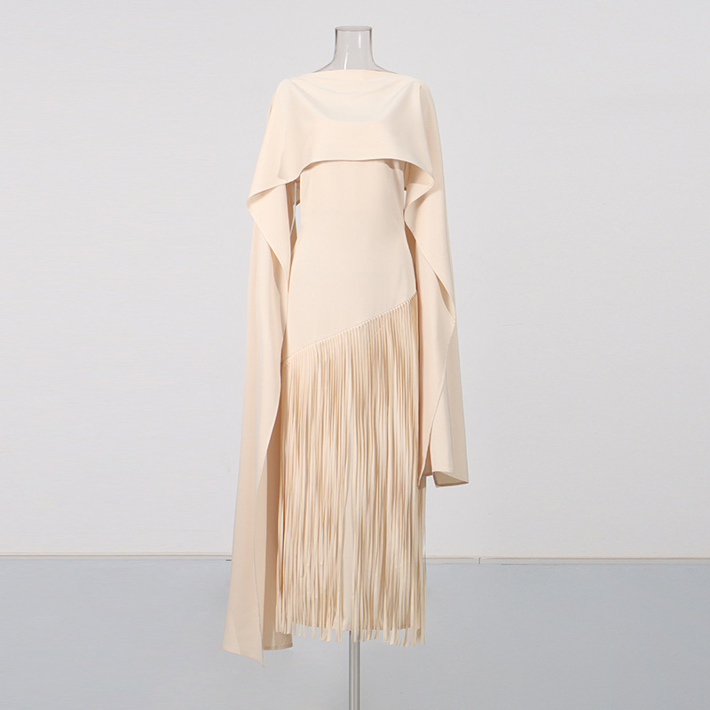 Misty Purple Long Dress Women's Clothing Shawl Cape Style High-End Spring New Tassel Bias Cut_ecoleips.com