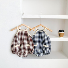 Korean Children's Clothing 2023 Plaid V-Neck Strap Onesie Ins Baby Diaper Triangle T-shirt Climbing Suit
