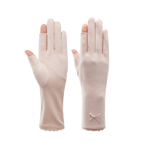 Women's mid-length cotton gloves spring and summer outdoor touch screen half-fingerless cycling and driving anti-UV sunscreen gloves