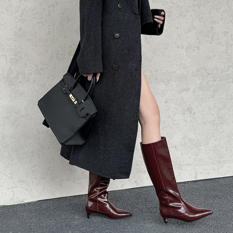 Fashionable leather high boots pointed-toe stiletto heels