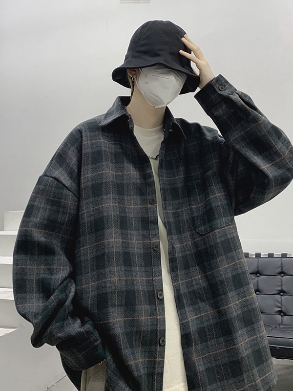 Camisa de cuadros de los hombres de manga larga estilo Hong Kong abrigo de alto grado primavera y otoño ruoshuai estilo japonés Top otoño moda marca ropa de trabajo camisa