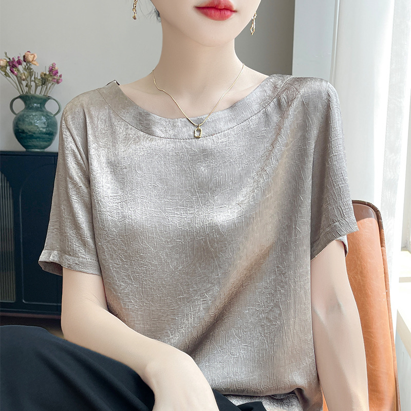 短袖t恤女装夏高级感大码胖M减龄遮肚子醋酸缎面正肩真丝小衫上衣|undefined