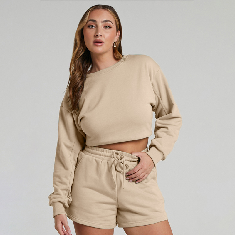 Solid Color Long Sleeve Sweaters Women Clothing Short Two-Piece Casual Shorts Suit