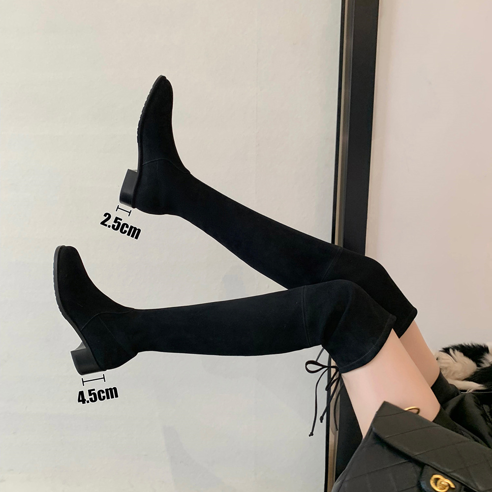 SW5050过膝长筒靴女2024新款弹力粗跟套筒长靴平底圆头显瘦高筒靴