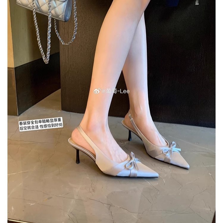Grape Mom with Shown Leg Length 7cm Small High Heeled Satin Bow Pointed Pointed Empty Shoes Women's Spring and Summer