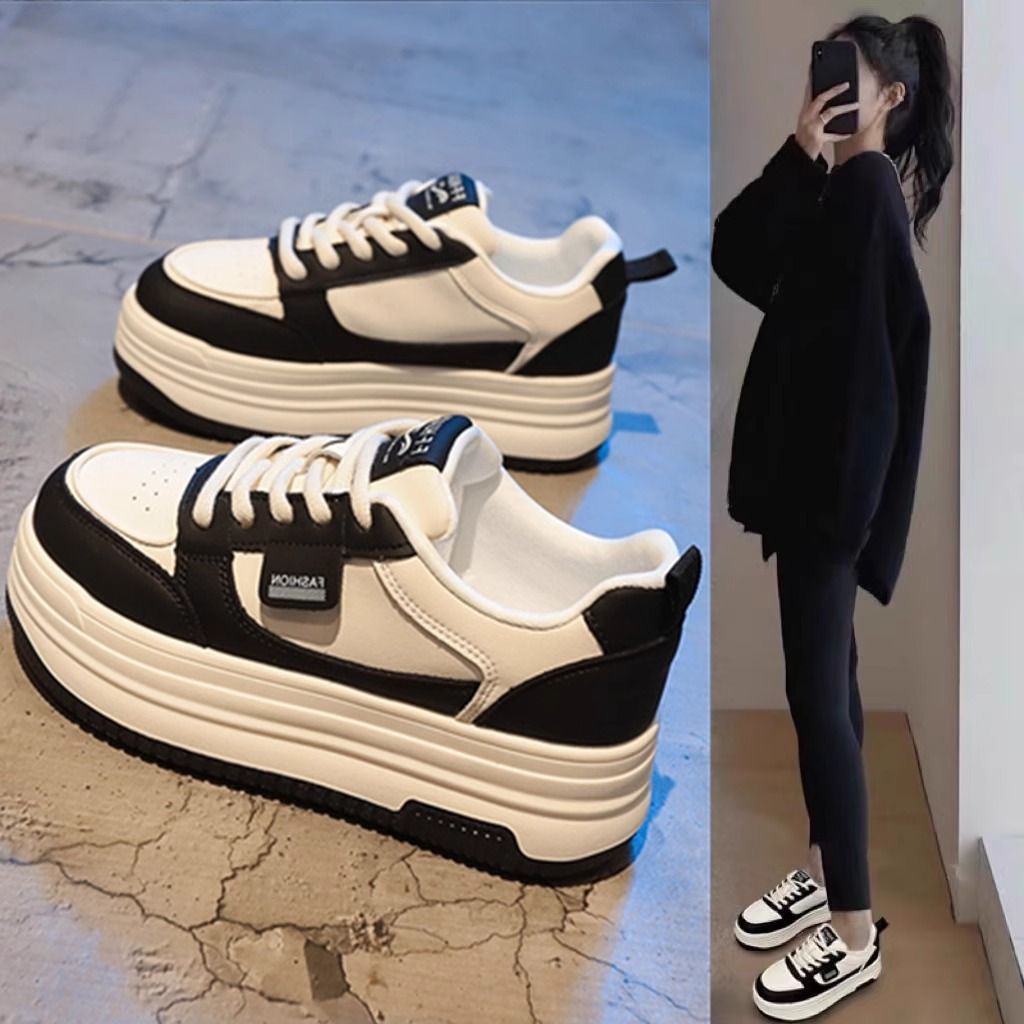 Zapatos blancos de todo fósforo de suela gruesa para mujer 2025 nuevos zapatos de panda blancos y negros ligeros de primavera