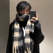 围巾冬季男高级感2025新款海马毛黑白格子韩式情侣保暖加厚围脖女