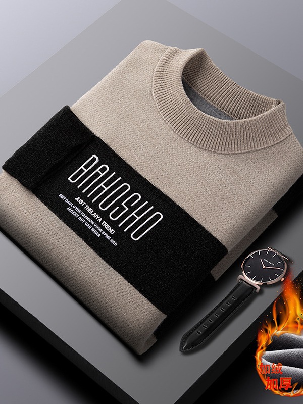 Suéter de los hombres de piel de hurón forrado de lana engrosada cuello redondo bottoming Top flojo invierno cálido suéter de los hombres al por mayor