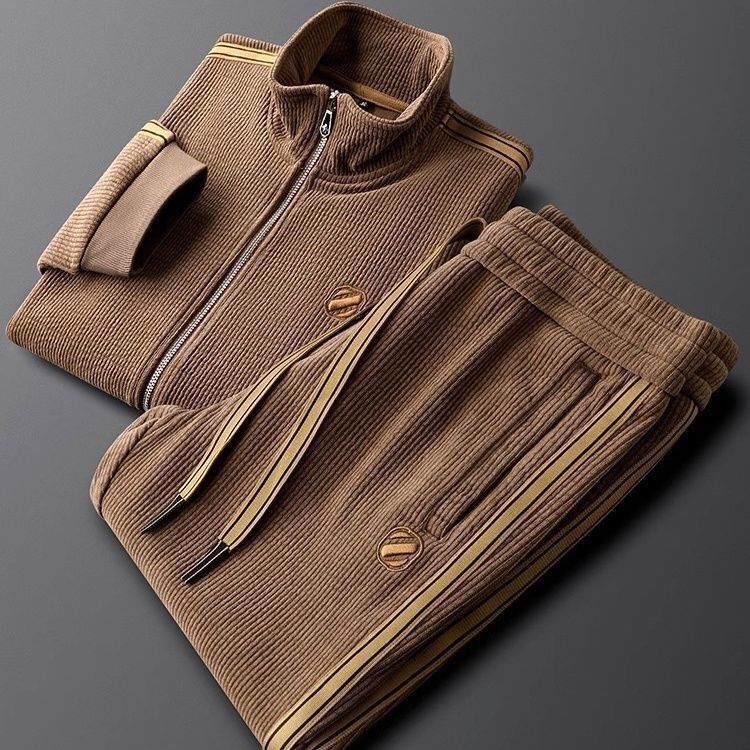 Light Luxury Autumn and Winter Warm Solid Color Casual Sports Suit Slim Fit Trendy Jacket Men's Straight Striped Two-Piece Set