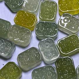 天然岫玉青提奶盖梅花雕刻花牌DIY配饰配件手串手链挂件手工编织