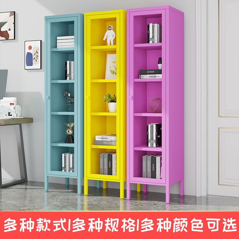 Nordic Wrought Iron Bookcase Glass Door Storage Rack Storage Cabinet Student Floor-Standing High Cabinet Living Room Balcony Display Storage Cabinet