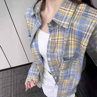 复古多巴胺撞色格子衬衫女春夏季长袖大码宽松休闲衬衣慵懒风外套