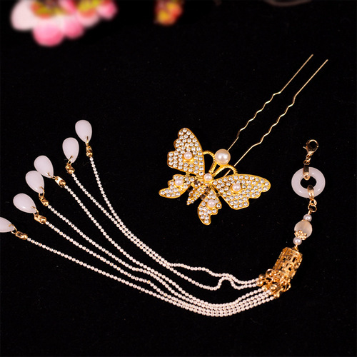 Hanfu butterfly hairpin with tassel, bright pearl, traditional ethnic style, ancient Tang style, exquisite and versatile pearl U-shaped hair accessory
