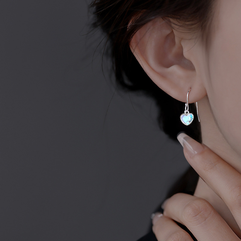 Ancient Cat Ning Colorful Gradient Moonstone Love Ear Hook Cold Wind Women's Korean-style Aurora Gemstone Peach Heart-shaped Earrings