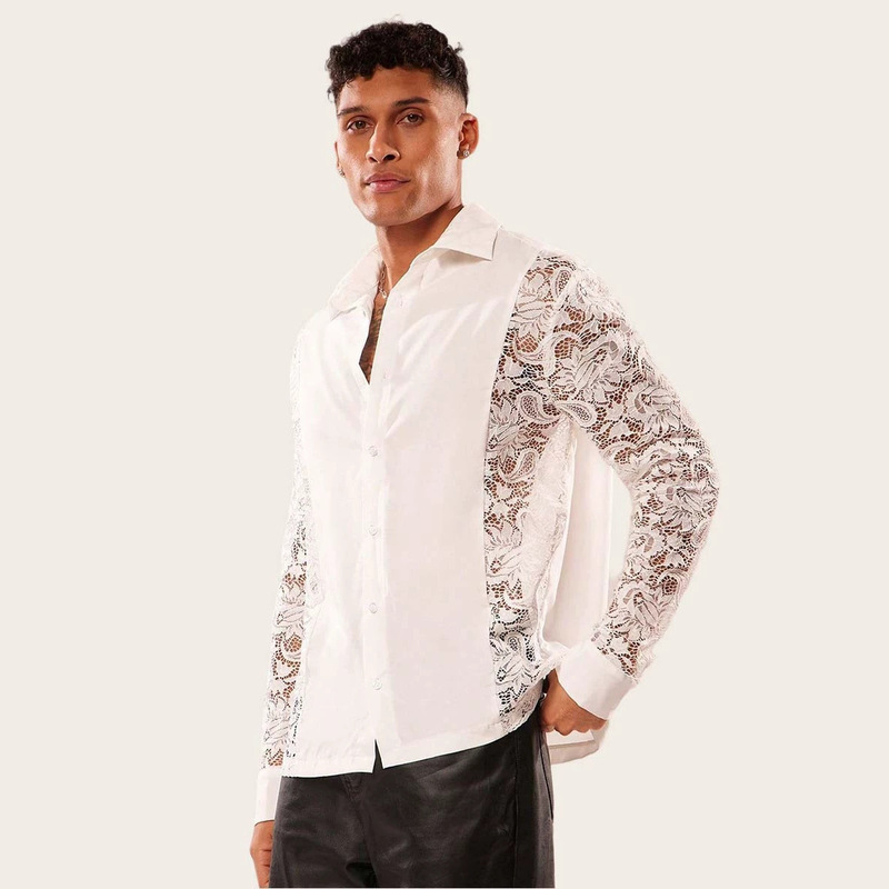 European and American Style Hollow-Out Mesh Long-Sleeve Shirt for Men, Loose Plus-Size Lace Transparent Shirt, Singer Performance Outfit Trendy European and American Style Hollow-Out Mesh Long-Sleeve Shirt for Men, Loose Plus-Size Lace Transparent Shirt, Singer Performance Outfit Trendy