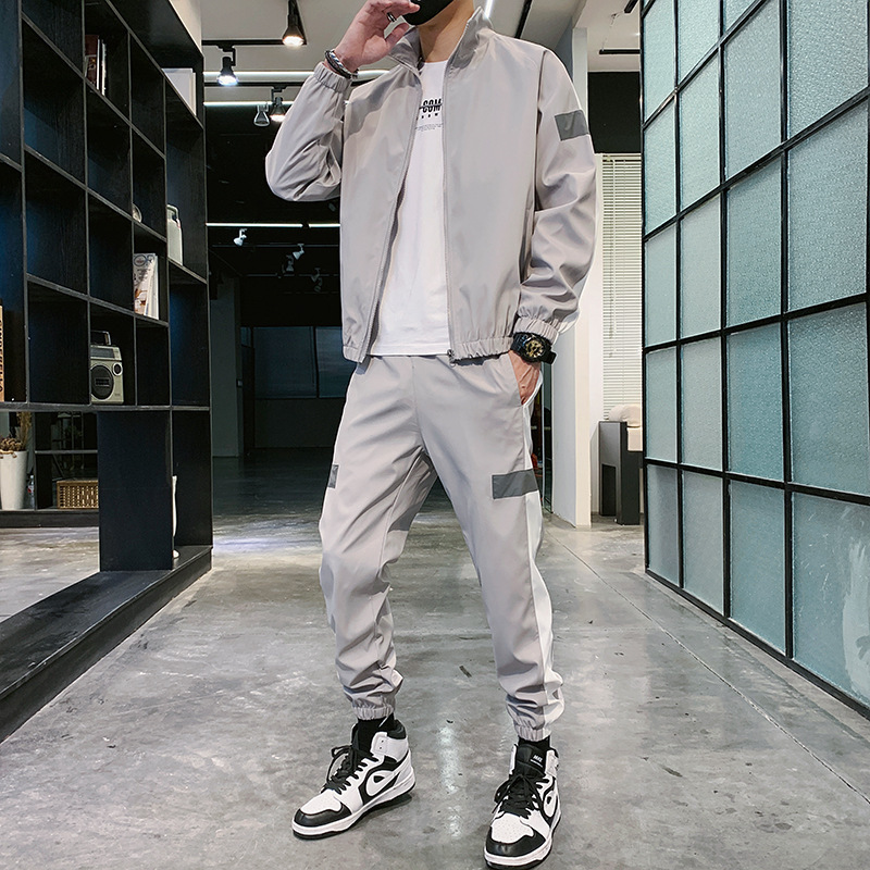 2024春秋跨境男士休闲运动服套装两件套印花LOGO一件印发光条|undefined