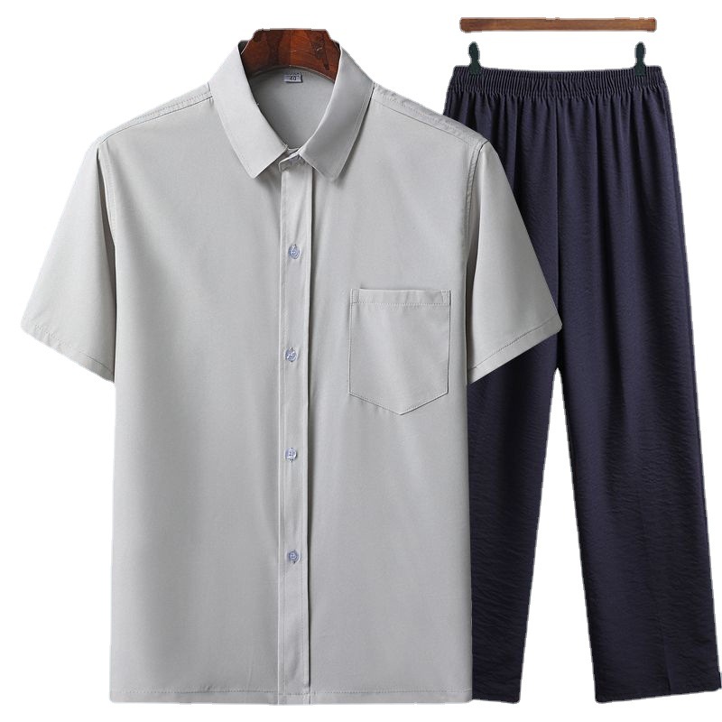 Middle-aged and Elderly Men's Short-sleeved Shirt suit Summer Loose Ice Silk Button Business Shirt for Old People's Grandpa and Dad Clothes