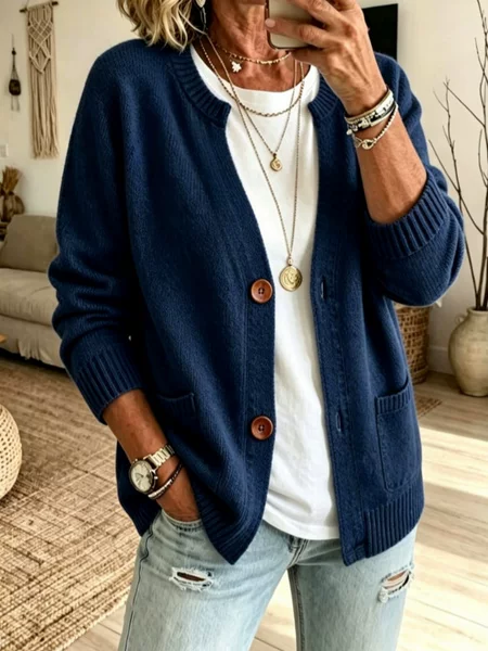 2026 European and American buttoned knitted stand-up collar cardigan sweater, new autumn and winter cross-border solid color casual fashion women's clothing