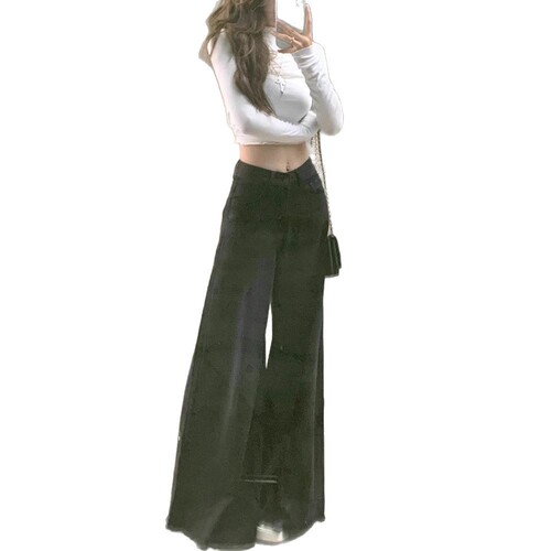 American Retro High-Waisted Wide-Leg Denim Jeans for Women - Summer Loose Slimming Flowy Black Fringe Floor-Length Pants