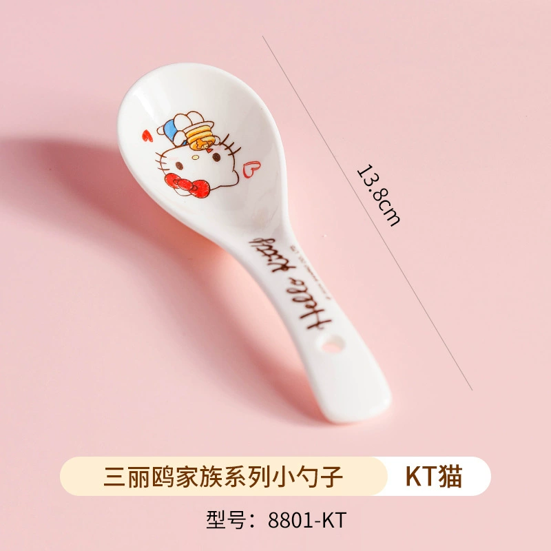 三丽鸥 Hello kitty, ceramic cartoon tableware for feeding, spoon with glass, chopsticks, set