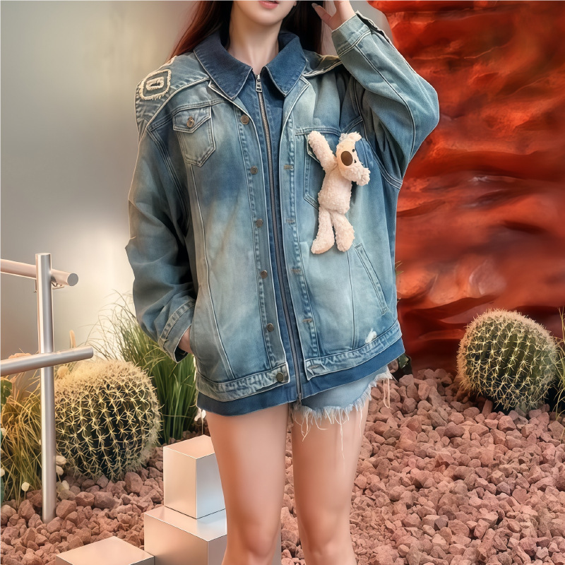 虎门高端女装秋季新款法式百搭卡通立体玩偶春秋夹克牛仔外套女|undefined