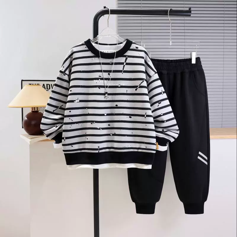 童装男童春秋新款帅气中大童套装两件套休闲运动针织套装条纹大码