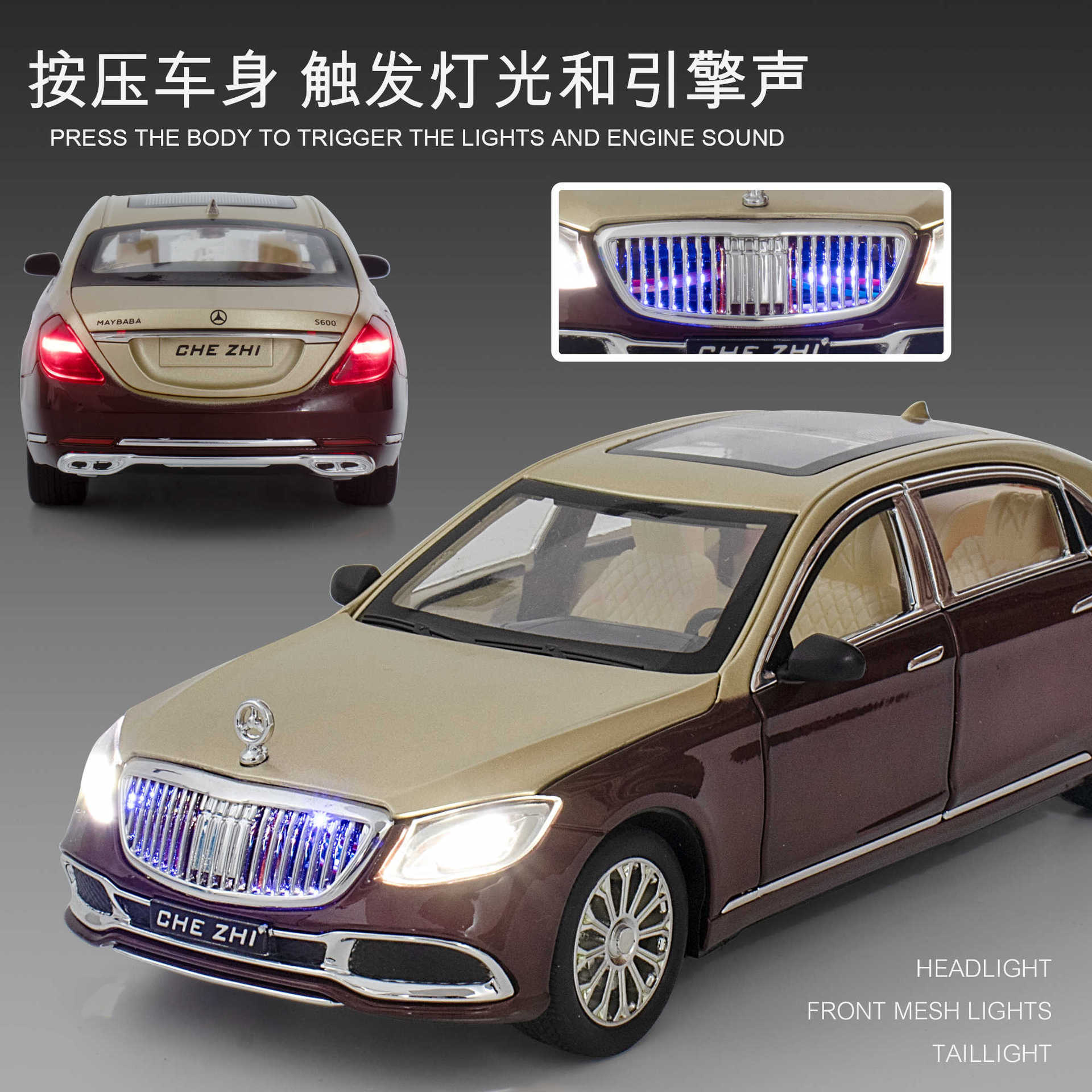 (Caja de espuma) Modelo de coche de juguete de aleación Maybach GLS600 a escala 1:24, seis puertas, con sonido, luz y música, de retroceso, coleccionable, adorno.