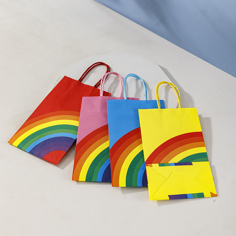 En stock bolsa de arco iris portátil papel Kraft blanco fondo cuadrado bolsa de papel regalo de mano bolsa de regalo de vacaciones logotipo imprimible