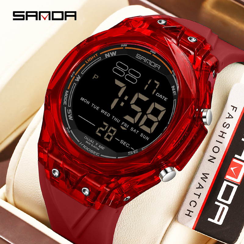 Reloj electrónico SANDA esfera transparente nocturna impermeable reloj multifuncional segmentación reloj de pulsera