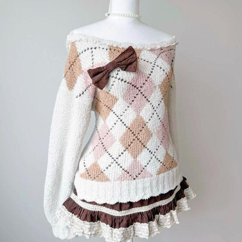 2025 New Summer Style European and American Preppy Style Casual Versatile Rhombus Round Neck Bow Decorated Long-Sleeved Sweater for Women