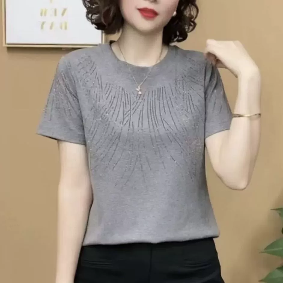 Женская футболка с короткими рукавами для мам среднего возраста, летняя, новый стиль, однотонная, с круглым вырезом, повседневная, плотная, с бриллиантами, утягивающий топ для женщин