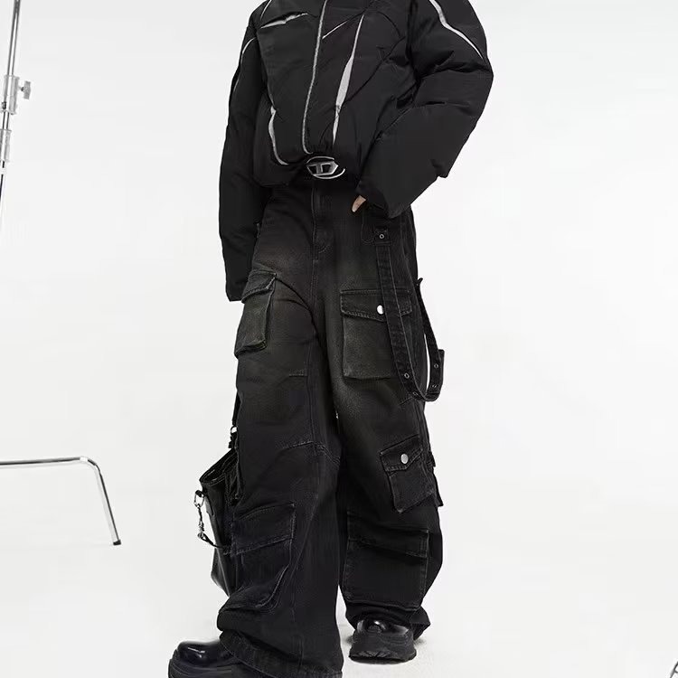 Cross-border multi-Bolsillo retro estilo de Hong Kong jeans apenados sueltos trapeador de pierna ancha adelgazante pierna ancha pantalones americanos de hip hop