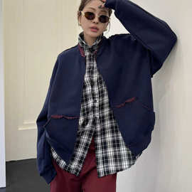 2025秋冬新款韩版立领拼色极简风卫衣外套宽松上衣撞色外套女款