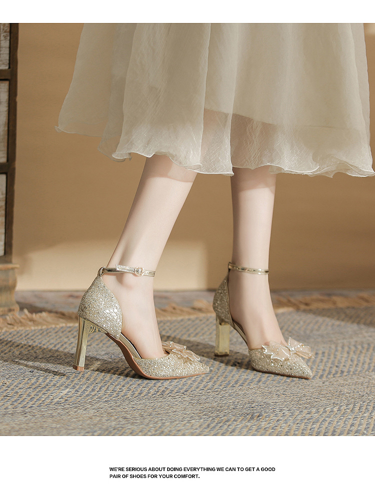 Giày sandal cao gót nữ quai ngang mũi nhọn gót nhọn CH8006-5 — Màu Sâm panh chi tiết 17