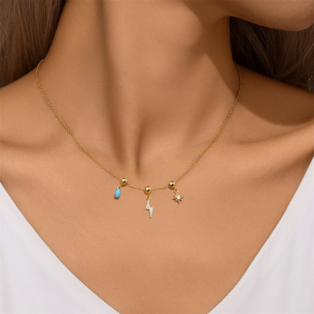 925 Sterling Silver Zircon Cable Chain Plating Lightning Multi Charms Necklace display picture 1