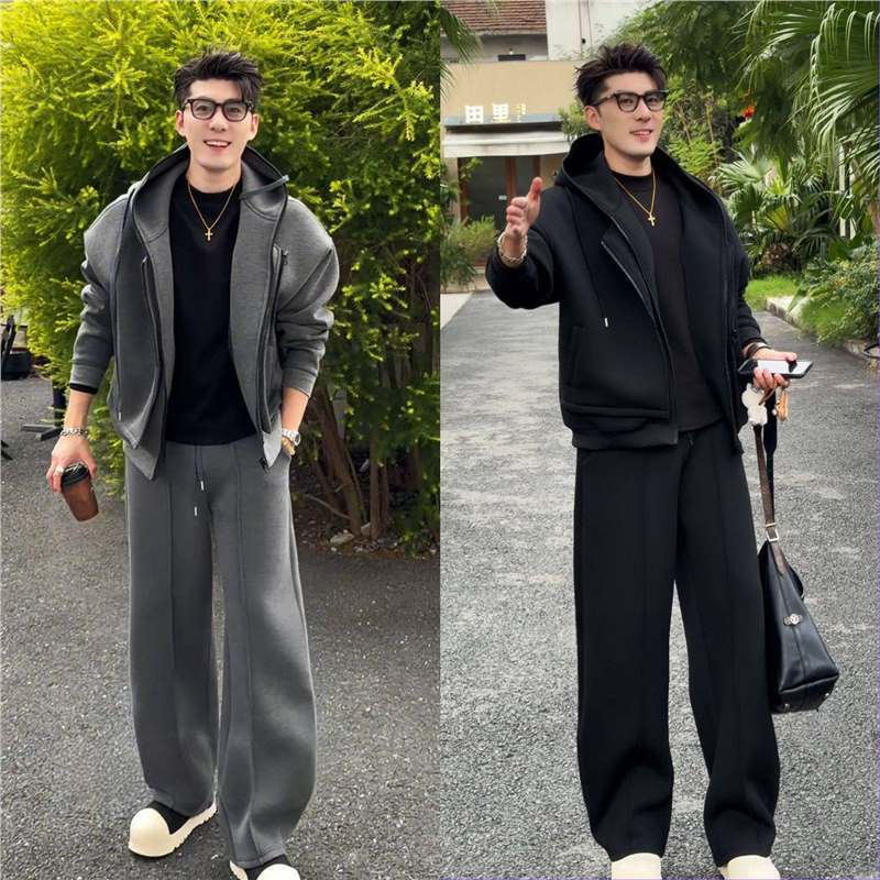 冬季新款重磅男士休闲卫衣套装高端质感连帽卫衣外套休闲裤两件套