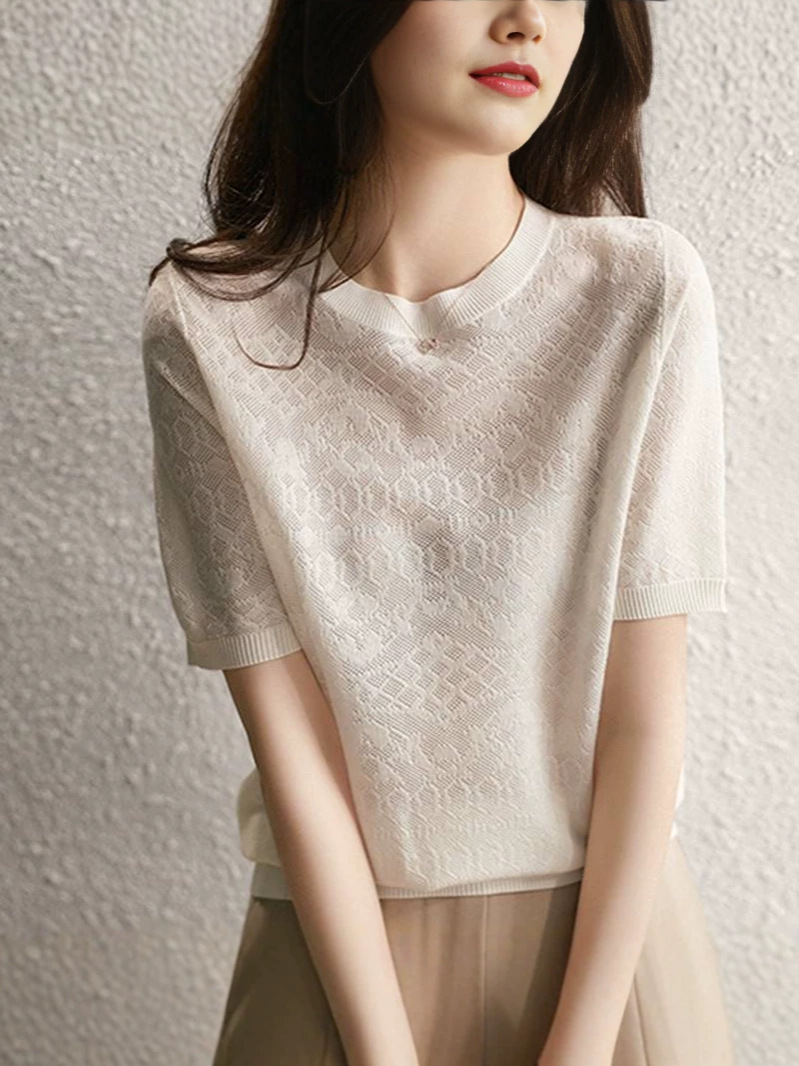 Áo thun nữ tay ngắn ren jacquard Hàn Quốc — đen
