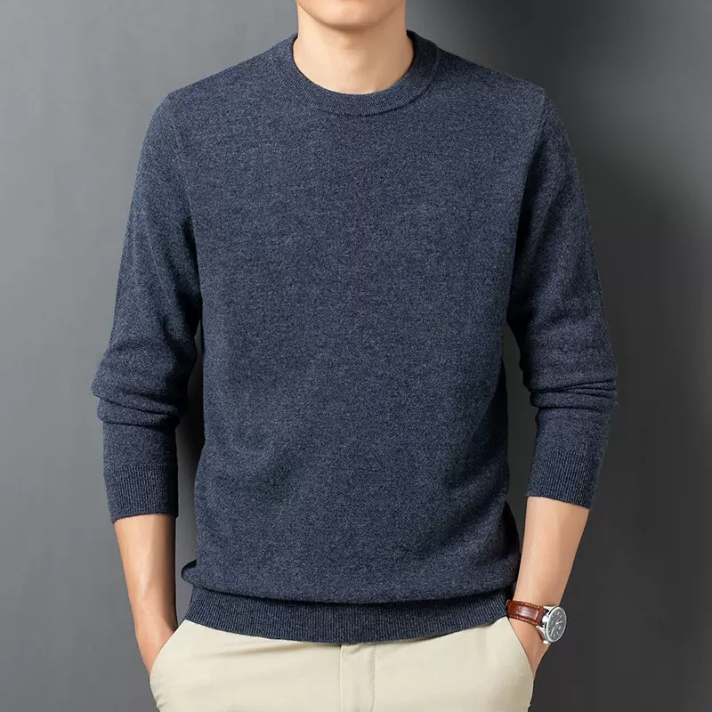 100%绵羊毛秋冬男士羊毛衫圆领纯色保暖针织打底衫批发男士毛衣