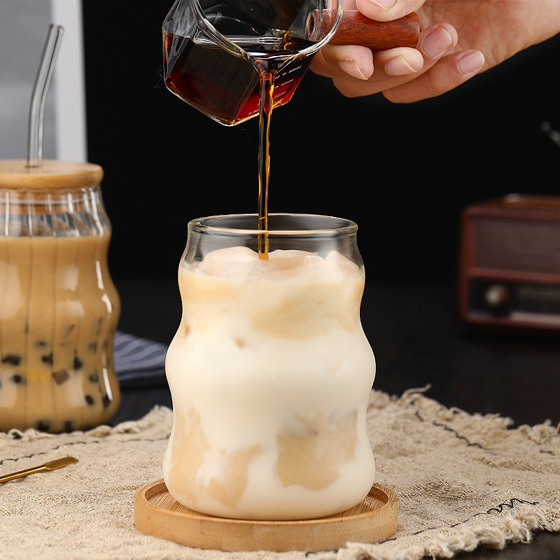 Ins style high-looking heat-resistant wave cup coffee milk transparent glass cup high borosilicate glass straw cup