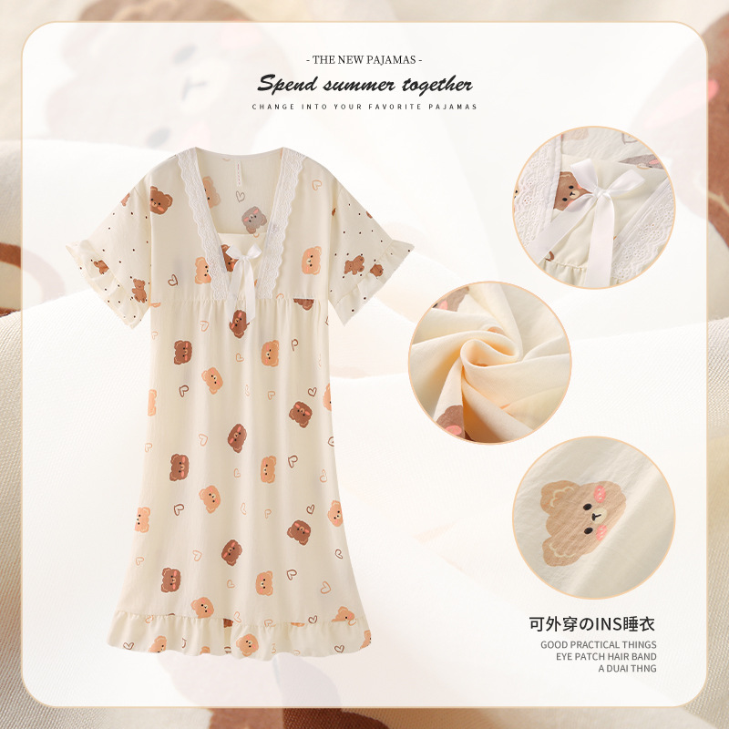 Pijama de verano de algodón nubes tejidas, vestido de pijama de mangas cortas, vestido de viento de princesa, vestido de casa suelto, verano