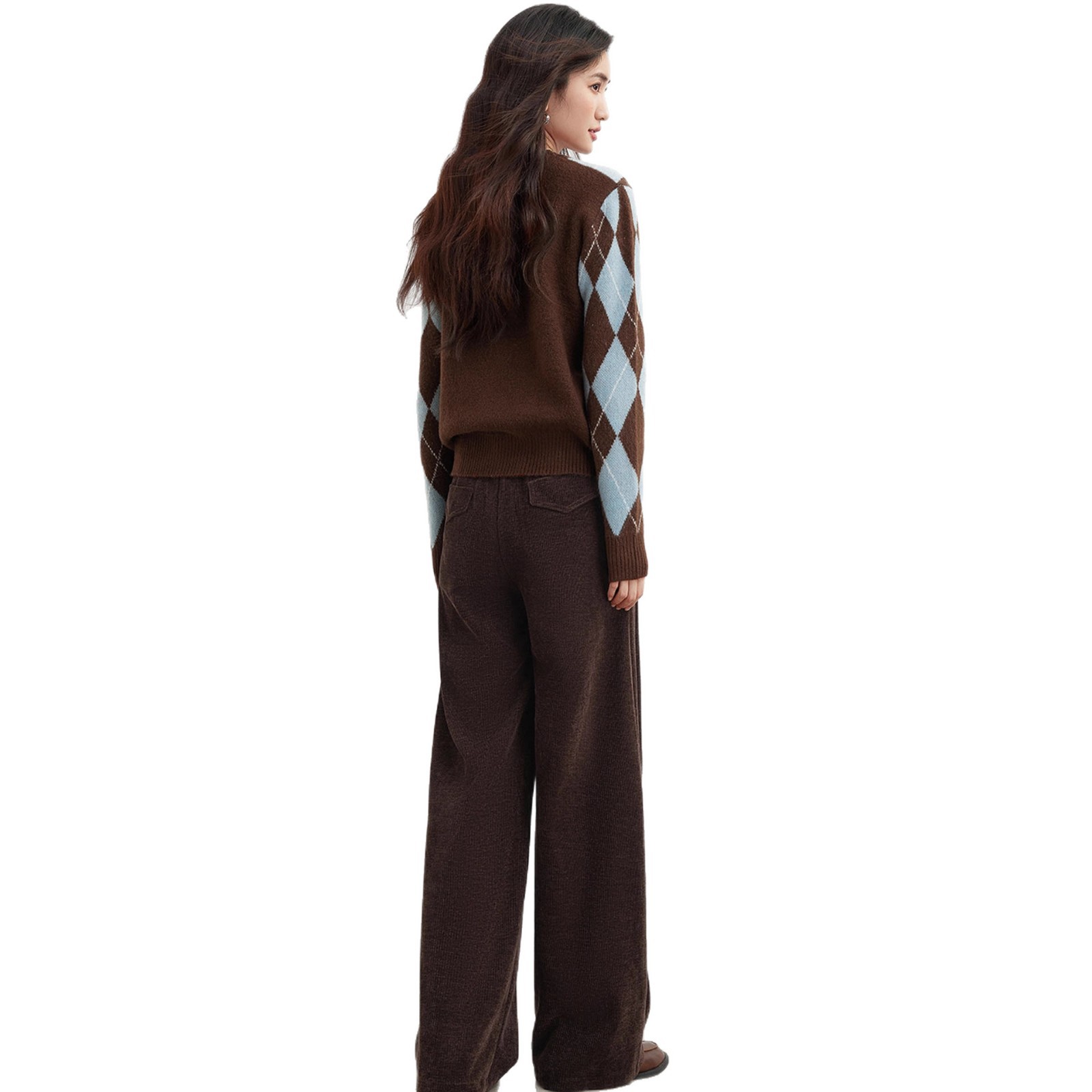 Trendy and Stylish Color-Blocked Diamond-Pattern Long-Sleeve Cashmere Sweater 2025 Winter Fashionable Versatile Round-Neck Pullover Knitwear