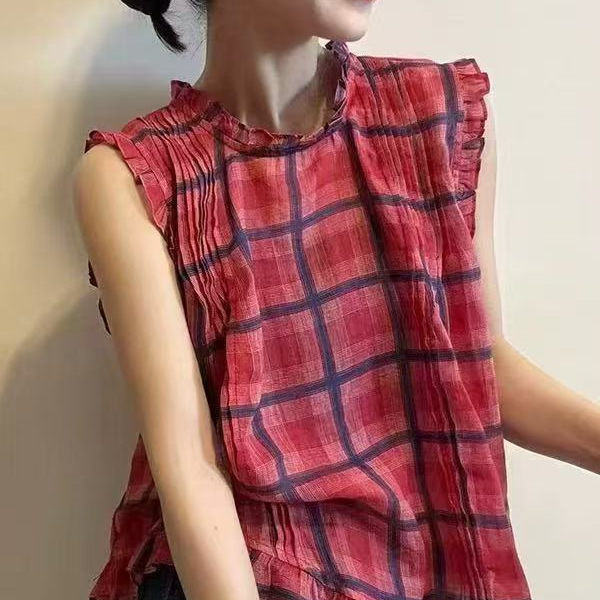 26 Summer Style Sleeveless Women's Plaid Sleeveless Ruffle Collar Blouse, Lazy Style Thin Top with Ruffled Hem