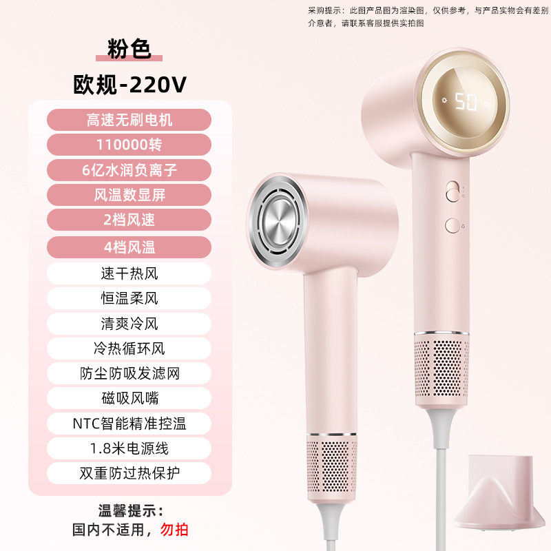 【D4-D】핑크【유럽 규격 - 220V】- 11만 RPM 브러시리스 모터 + 6억 개 음이온 + 풍온 디지털 표시 + 자석식 노즐 + 1600W