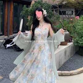 法式雪纺碎花吊带连衣裙仙女夏季超仙气收腰初恋海边度假沙滩裙子
